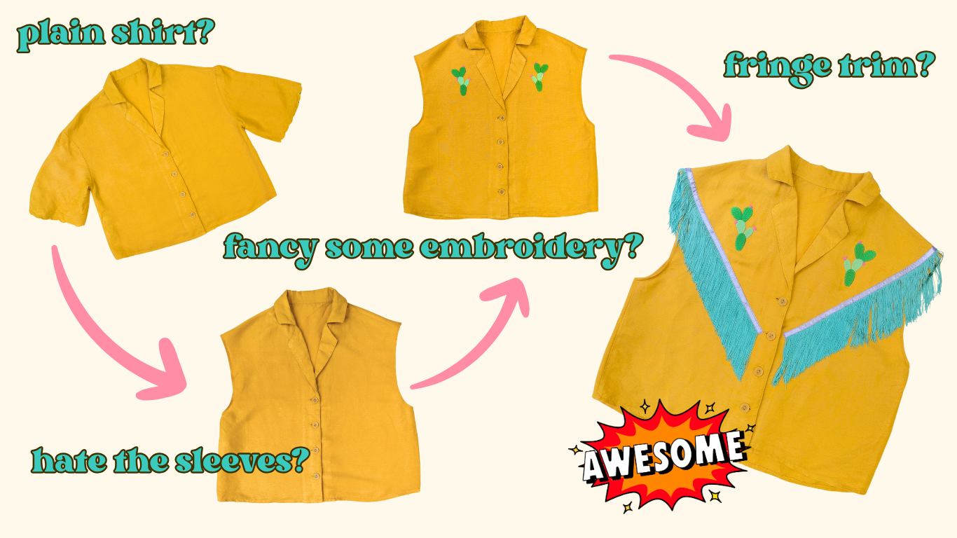 plain shirt? hate the sleeves? fancy some embroidery? fringe trim?